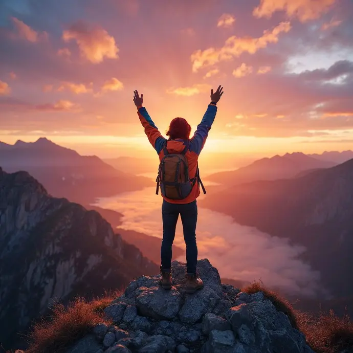 A person in a mountain lifting his hands up during sunset Person Lifting Hands Sky Mountain Sunset