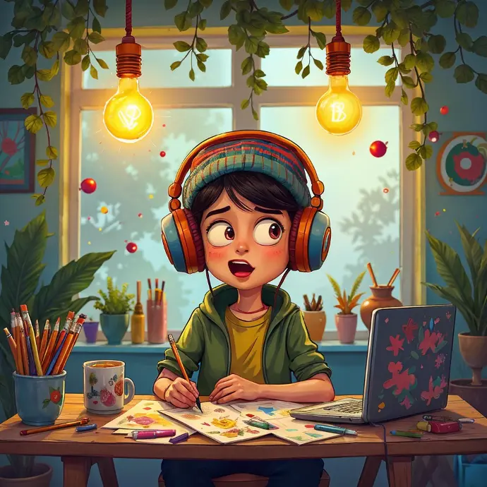 A person writing down ideas on a notebook Cartoon Study Table Laptop Pencils Books Cup
