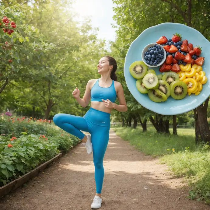 A lady doing exercise and a plate of fruits Lady Exercise Plate Fruits